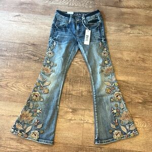 Grace in LA Denim Flared Jeans with Floral Embroidery